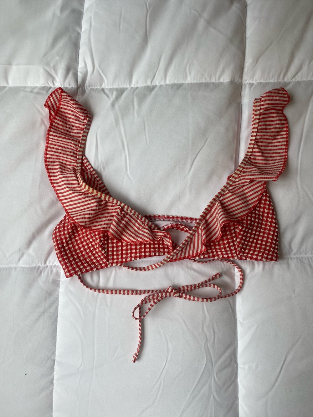 aerie Red and White Striped Ruffle Bikini Top